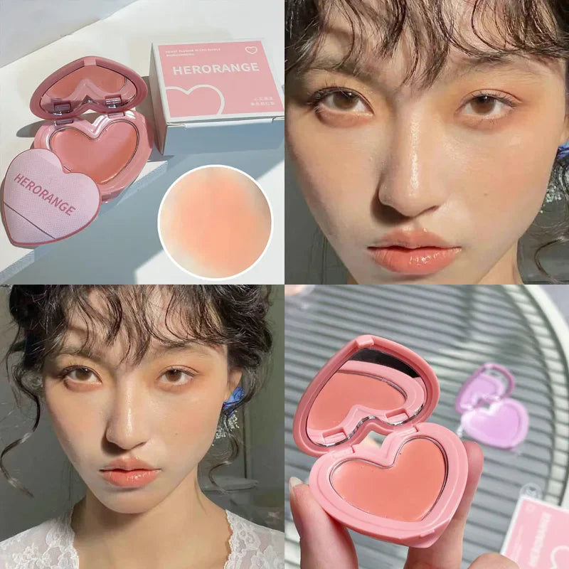 Korean Purple Peach Cream Blush Makeup Palette Moisturizing Cheek Tint 3 Colors Orange Peach Pink Blusher Love Shape Blush With Puff