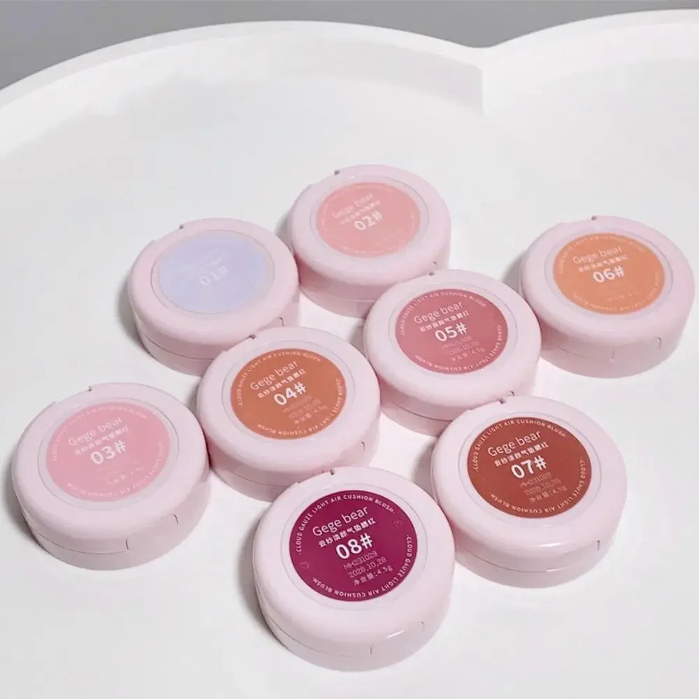 Kawaii Cute Color Korean Blush Air Cushion Cheek Contour Pink Makeup Palette with Applicator Puff Facial Waterproof Blusher Tint Mud Cream