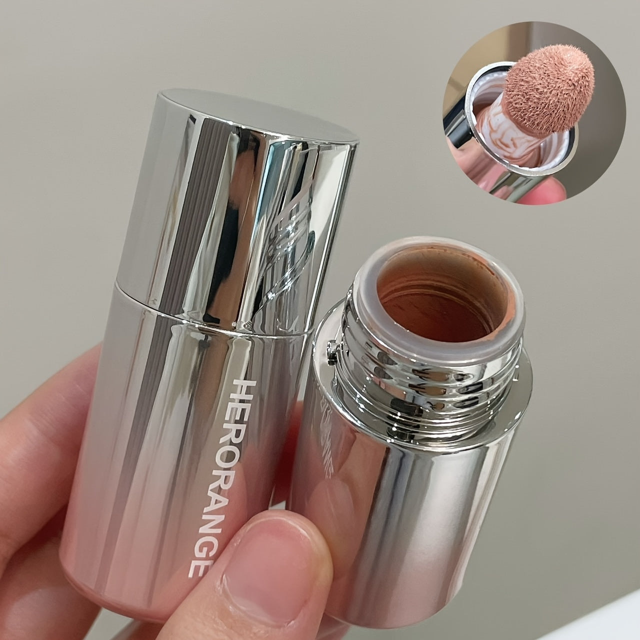 HERORANGE Liquid Blush Stick with Sponge Tip – Waterproof & Long-Lasting. Achieve a natural, brightening effect with medium coverage. The orange-pink tone suits all skin tones for a flawless K-beauty glow!