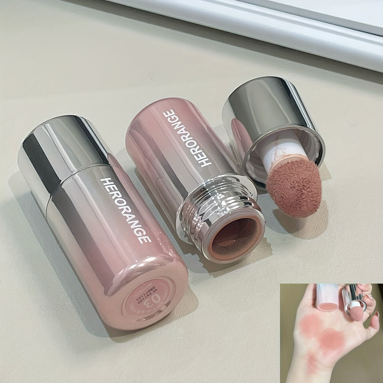 HERORANGE Liquid Blush Stick with Sponge Tip – Waterproof & Long-Lasting. Achieve a natural, brightening effect with medium coverage. The orange-pink tone suits all skin tones for a flawless K-beauty glow!