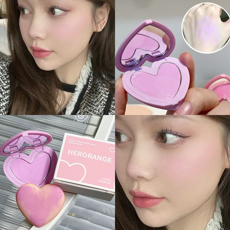Korean Purple Peach Cream Blush Makeup Palette Moisturizing Cheek Tint 3 Colors Orange Peach Pink Blusher Love Shape Blush With Puff