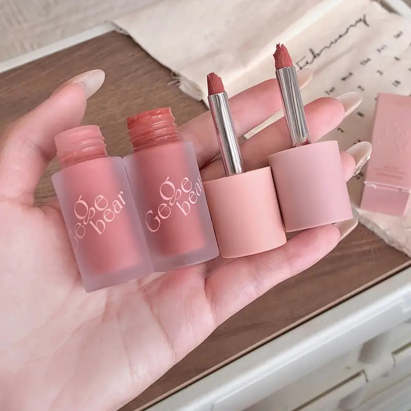 Gege Bear Soft Mist Matte Cream – Berry Shades for Lips, Blush & Eyeshadow | Soft Brush for Seamless Blending.