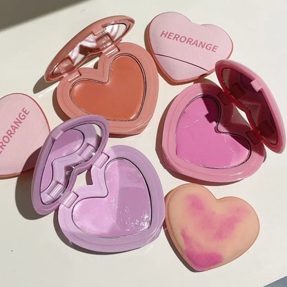 Korean Purple Peach Cream Blush Makeup Palette Moisturizing Cheek Tint 3 Colors Orange Peach Pink Blusher Love Shape Blush With Puff