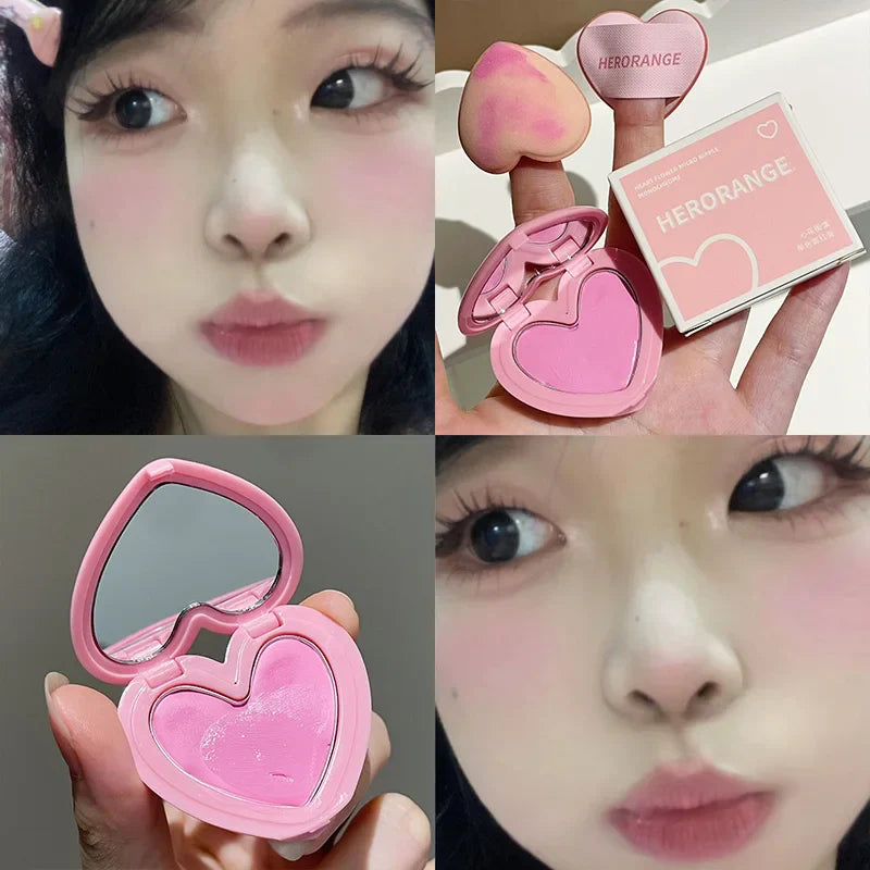 Korean Purple Peach Cream Blush Makeup Palette Moisturizing Cheek Tint 3 Colors Orange Peach Pink Blusher Love Shape Blush With Puff